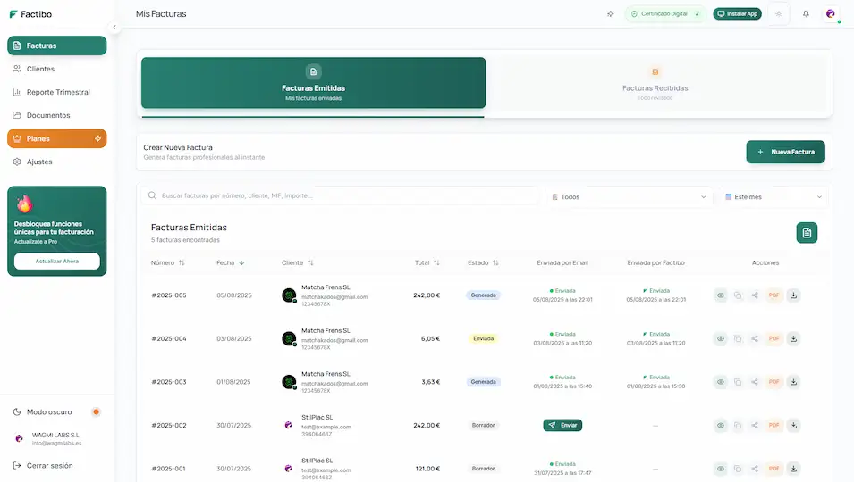 Captura de pantalla del dashboard de Factibo - Software de Facturación electrónica para autónomos y PYMES
